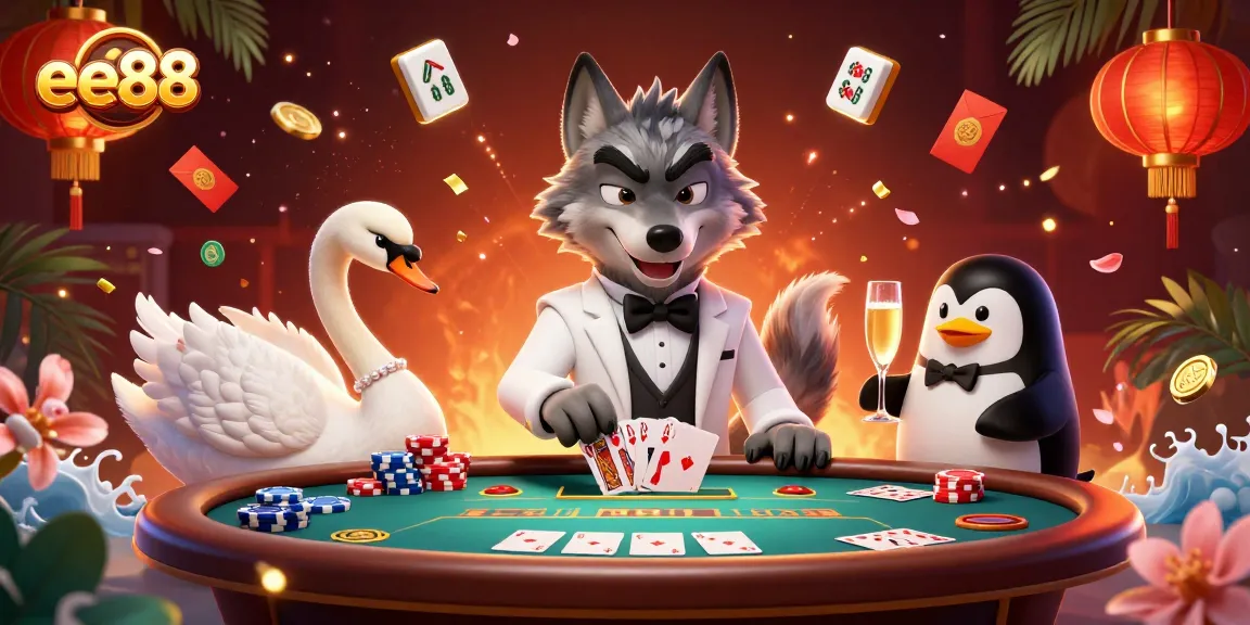 A dynamic scene with ee88 characters playing baccarat amidst festive elements, showcasing a poker theme