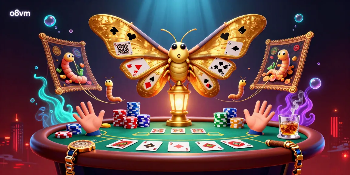 Gamble with o8vm: Experience a dynamic casino scene with cartoon moths and poker elements.