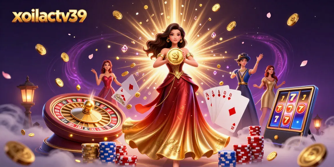 Experience the excitement of gambling with xoilactv39, featuring stunning visuals of a woman showcasing golden coins and dynamic casino elements.
