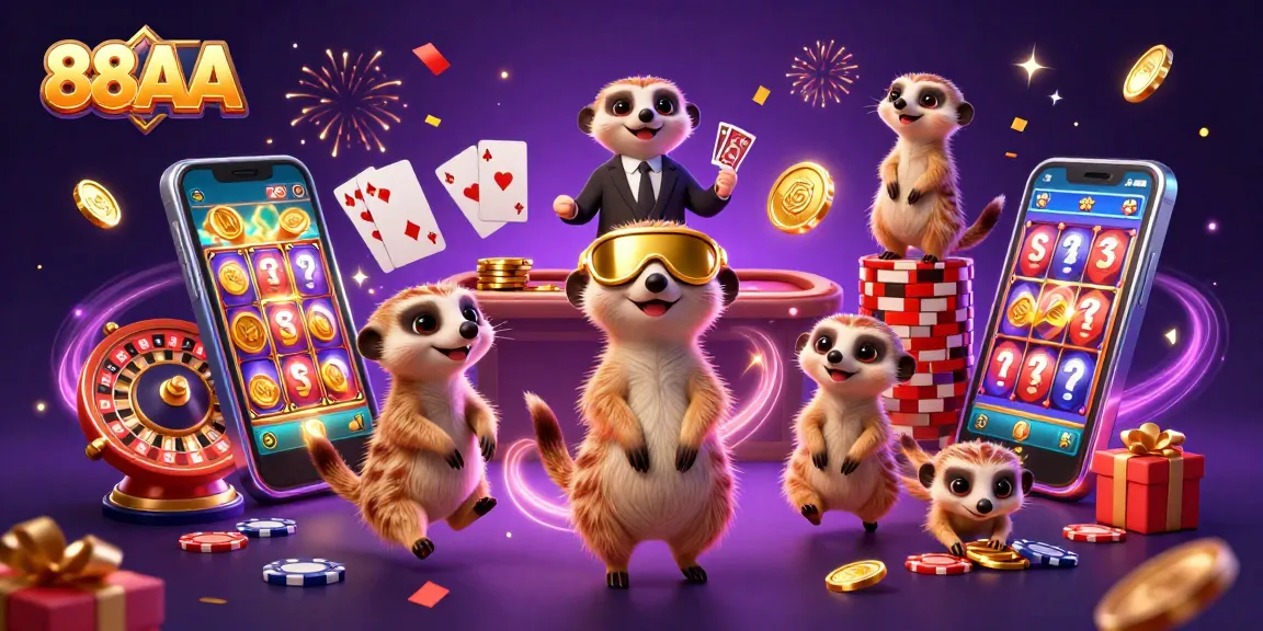 Experience thrilling gameplay at 88AA with a lively meerkat casino scene featuring games and excitement.