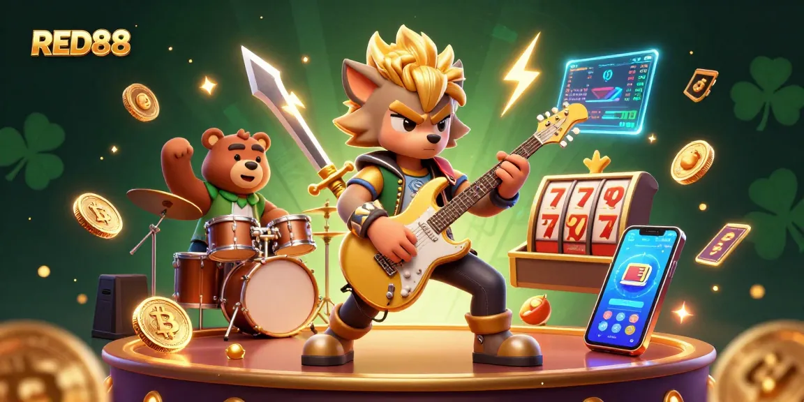 Engage with RED88's vibrant slot gaming experience featuring dynamic characters on a casino stage.
