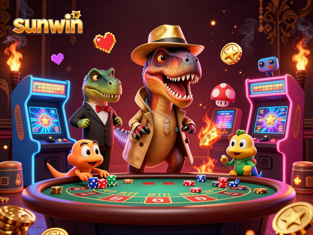 Feel the thrill of sunwin as a velociraptor card counter dodges attention at a vibrant casino scene.