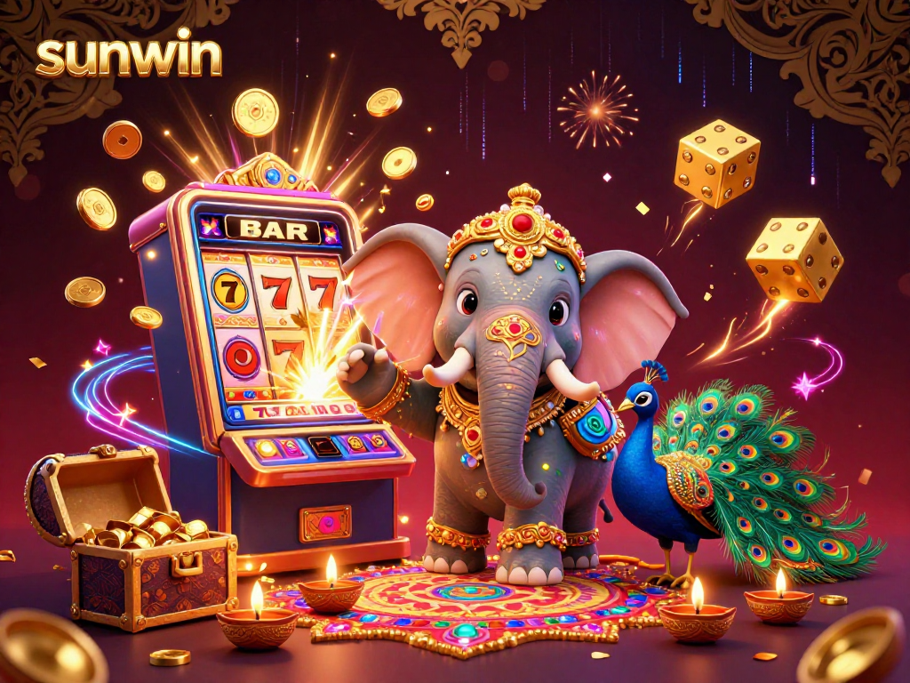 Experience sunwin's vibrant casino world with a Diwali-themed elephant and bursting slot machine.