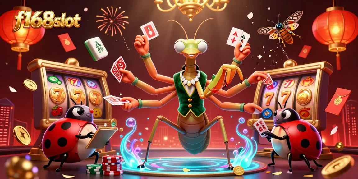 Engage with the thrilling action of f168slot as a giant card sharp and ladybug pit boss host a vibrant casino scene.