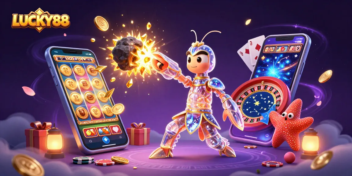Experience the excitement of LUCKY88 with golden gems and vibrant gaming elements!