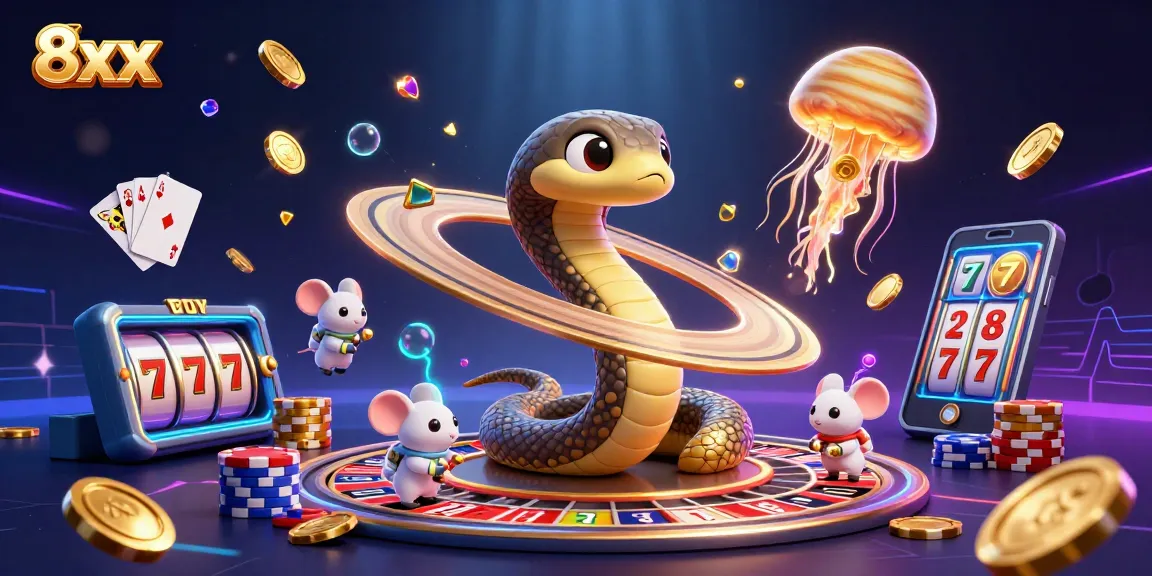 Place bets with 8xx in a vibrant cosmic casino scene featuring playful characters and casino elements.