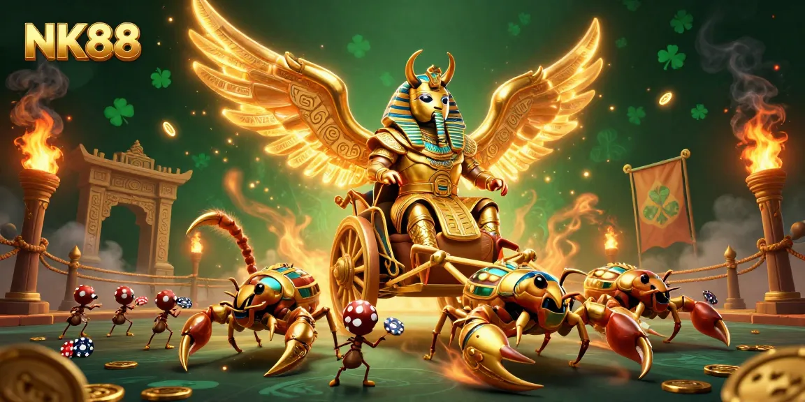 Experience excitement with NK88's colossal golden scarab, gaming elements, and rich casino atmosphere.