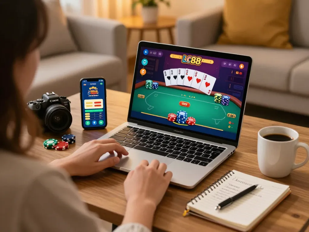 LC88 online player strategizing poker bets on tablet in a cozy home environment.