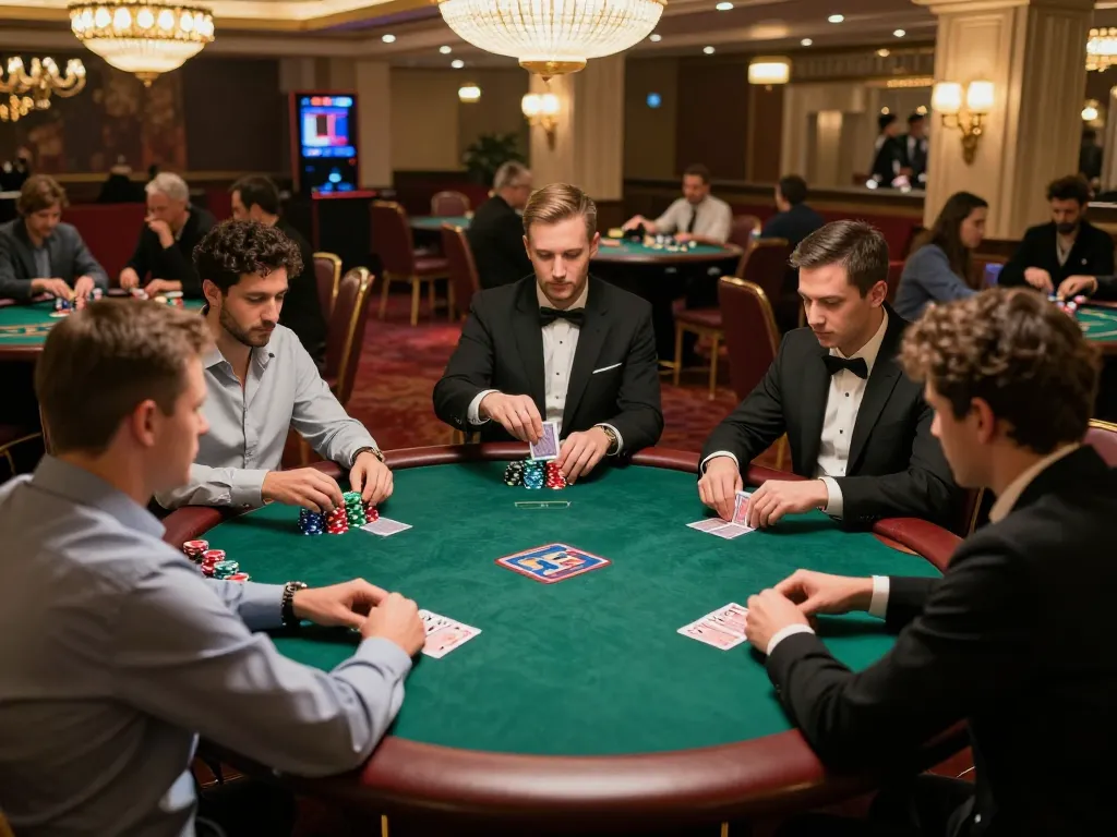 Players strategizing during an intense poker game at F8BET casino.