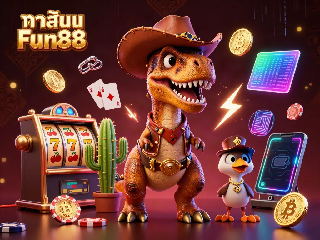 Engage with คาสิโน Fun88 through an exciting gambling adventure featuring cartoon dinosaur and gambling elements.