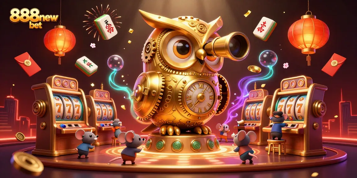 Experience thrilling fun with 888new bet at a dynamic casino scene featuring an enchanting gold owl and joyful patrons.