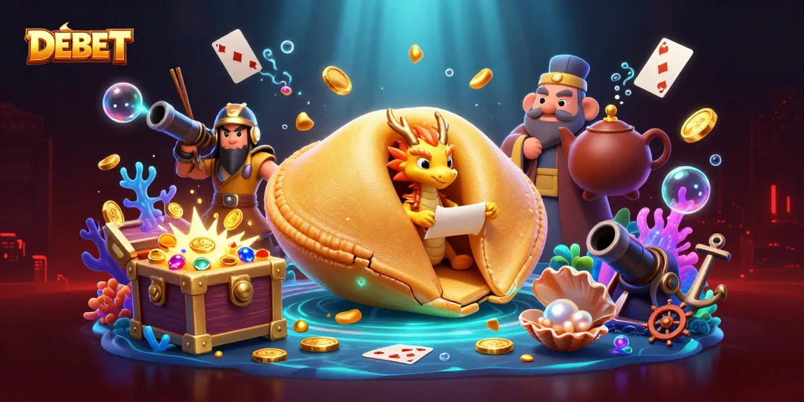 Engage in thrilling entertainment with DEBET, a vibrant 3D illustration highlighting a golden fortune cookie and dynamic characters.