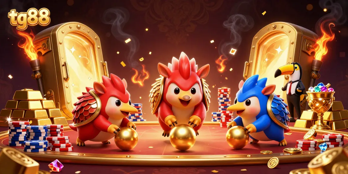 tg88 pangolins competing in casino games amid sparkling treasures and confetti, showcasing vibrant energy.