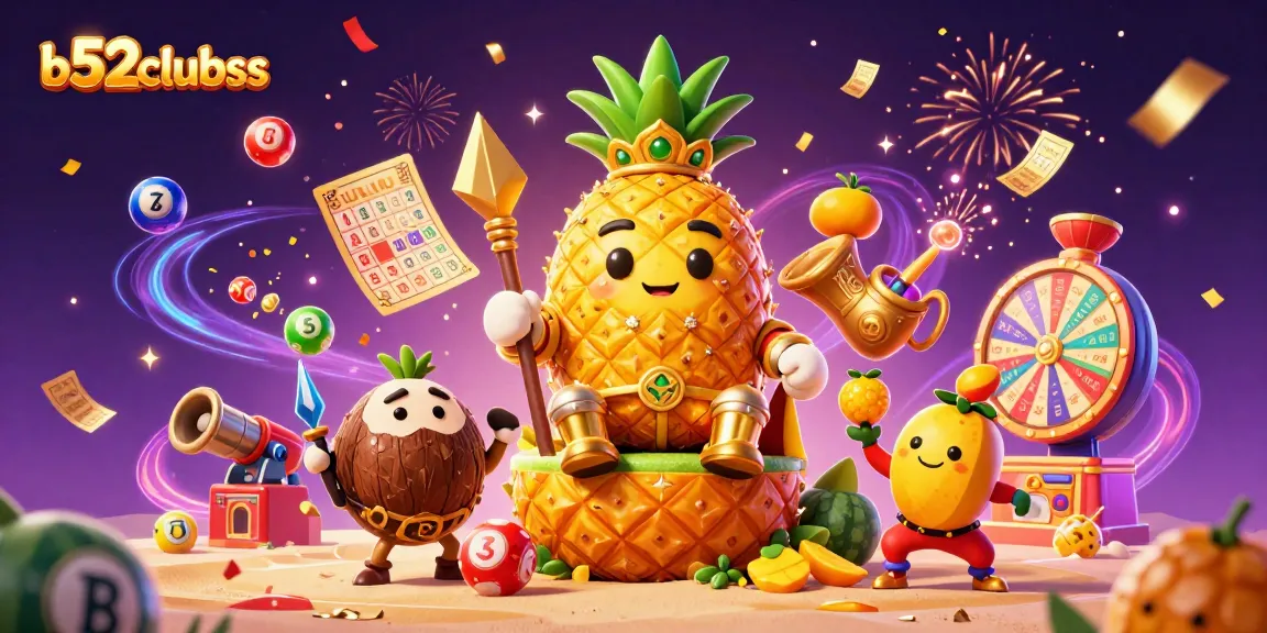 b52clubss showcases vibrant gambling excitement with a golden pineapple king and colorful game elements.