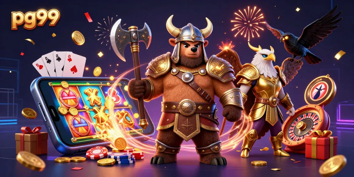 Join the fun at pg99 with a thrilling 3D illustration of a Viking bear and gaming elements.