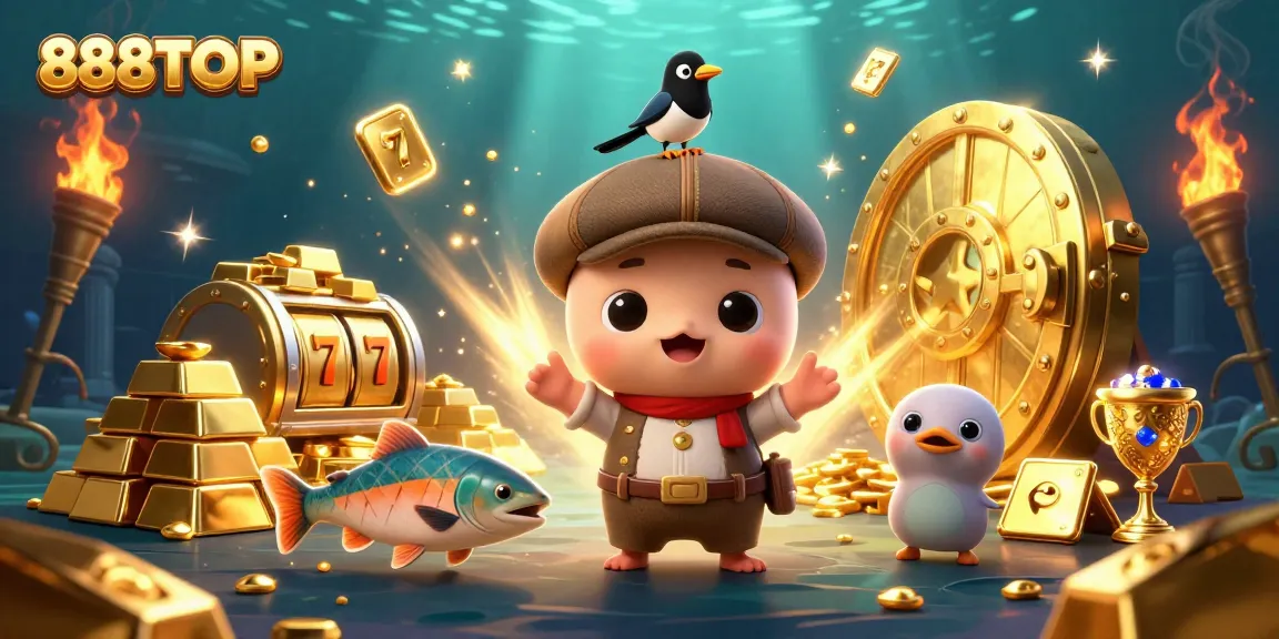 Experience the excitement of winning with 888TOP's rich treasures in a playful casino scene.