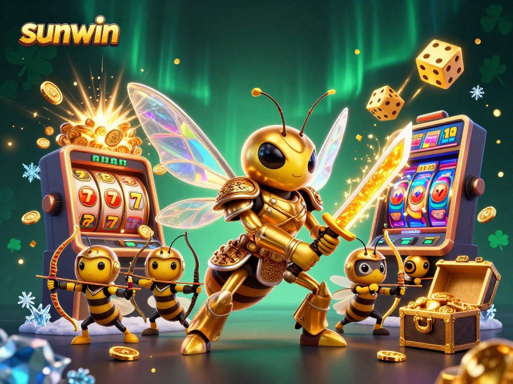 Join the excitement of sunwin with vibrant slot machines and dynamic characters in a lively casino scene.