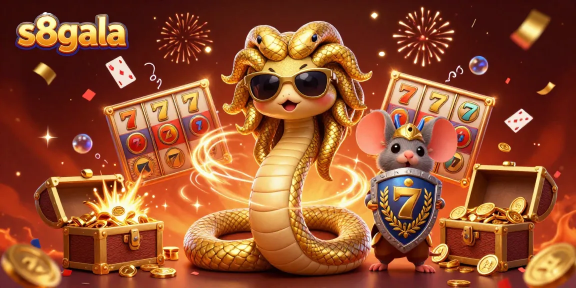 s8gala showcases playful Medusa and a warrior mouse in golden jackpot action amidst vibrant casino elements