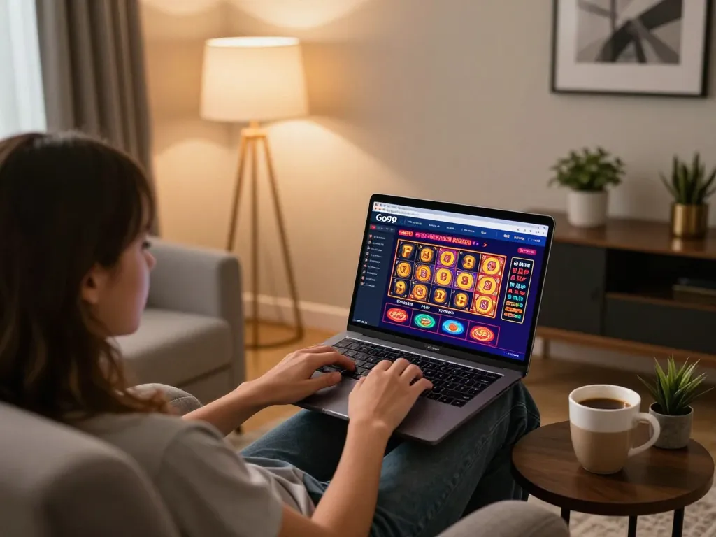 Engaging with Go99 online casino while relaxing in modern home setting.