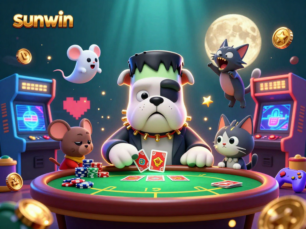 Engage with sunwin at a vibrant poker table featuring lively characters in a spooky casino.