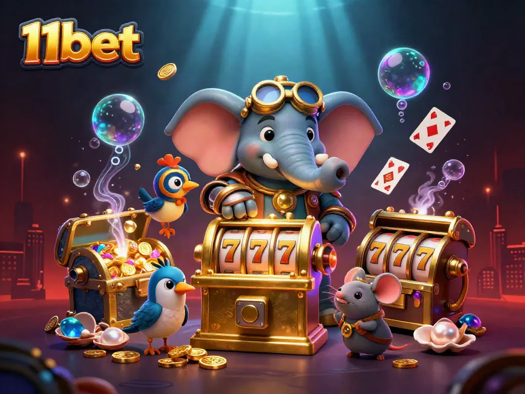 Experience the thrill of 11bet with a dynamic steampunk slot scene bursting with treasure.