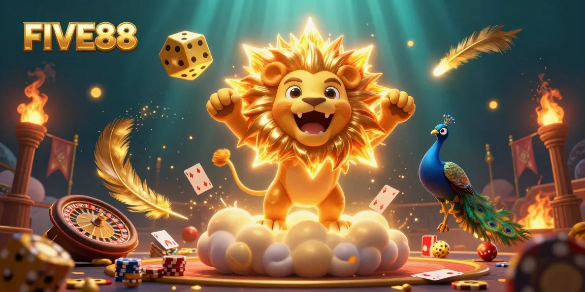 Engage in thrilling gameplay at FIVE88 with vibrant casino elements and a roaring lion illustration.
