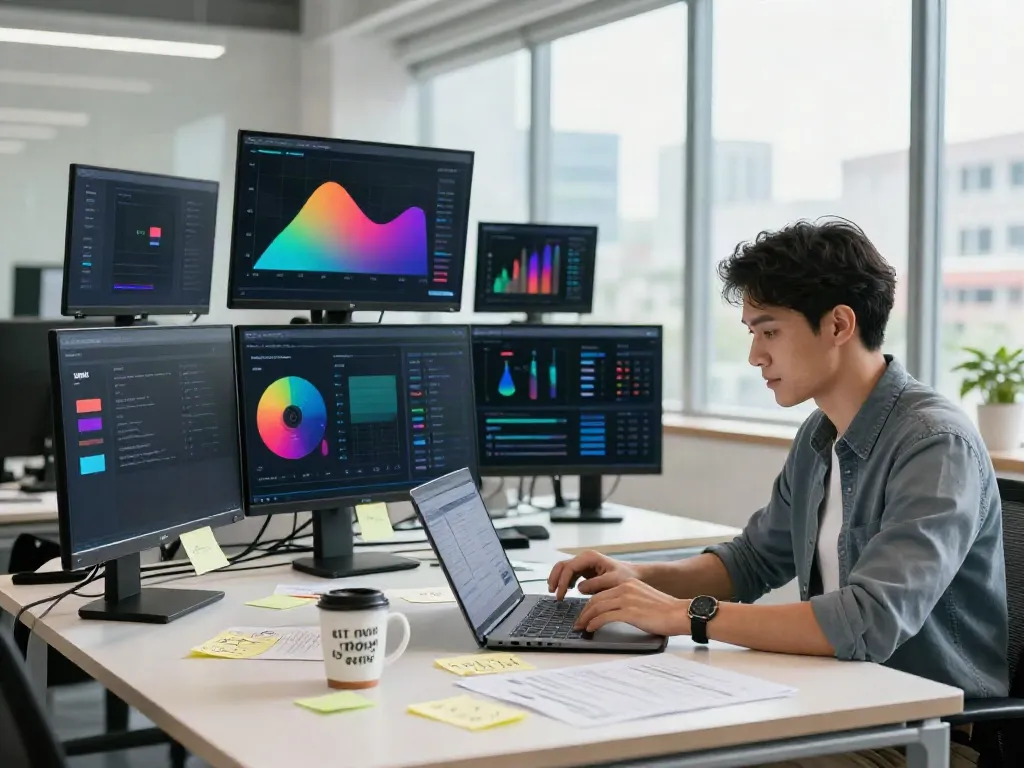 Marketing professional analyzing rokok88 link insights in a vibrant workspace.