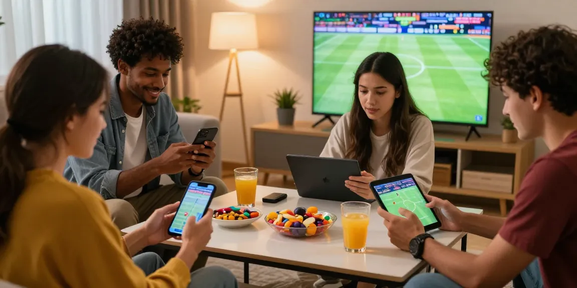 Freunde setzen aktiv auf BetLabel mit Smartphones umgeben von Snacks und einem Live-Sportspiel im Hintergrund.