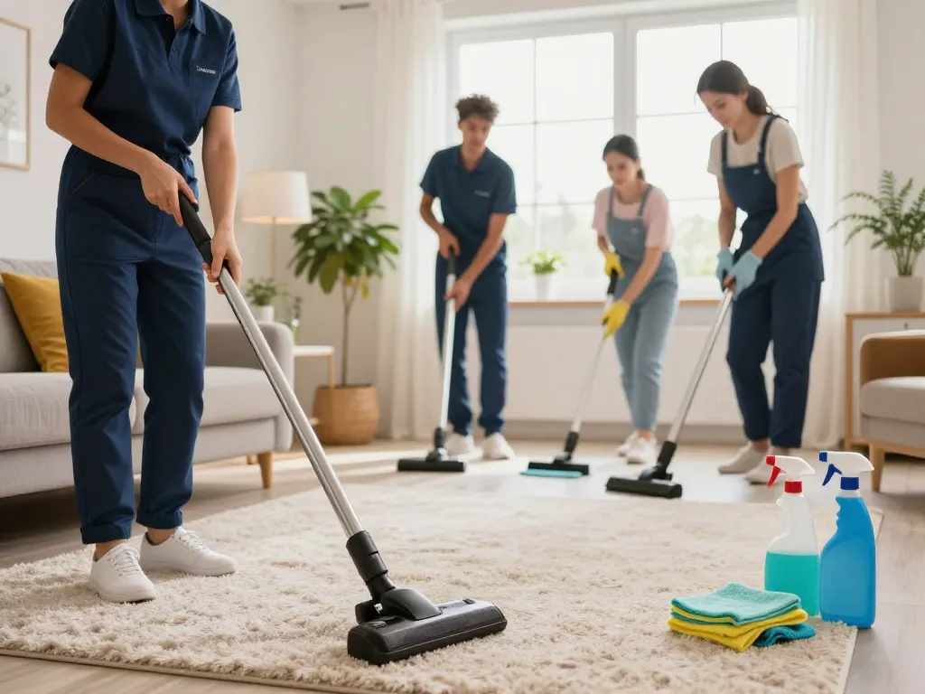 Efficient home cleaning by professionals at Pretty Úklid, showcasing teamwork and cleanliness.