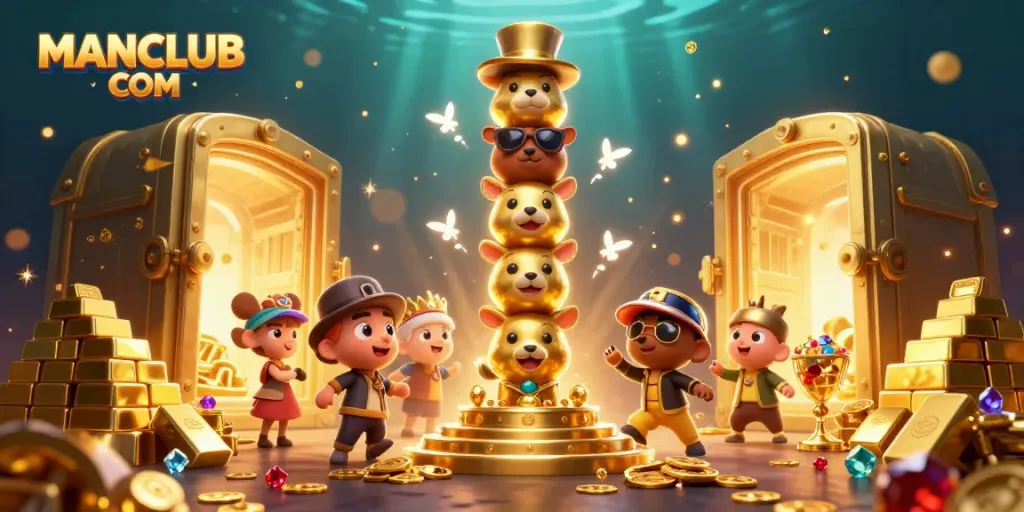 Experience dynamic gaming excitement at MANCLUB COM with vibrant casino treasures and animated totem pole elements.