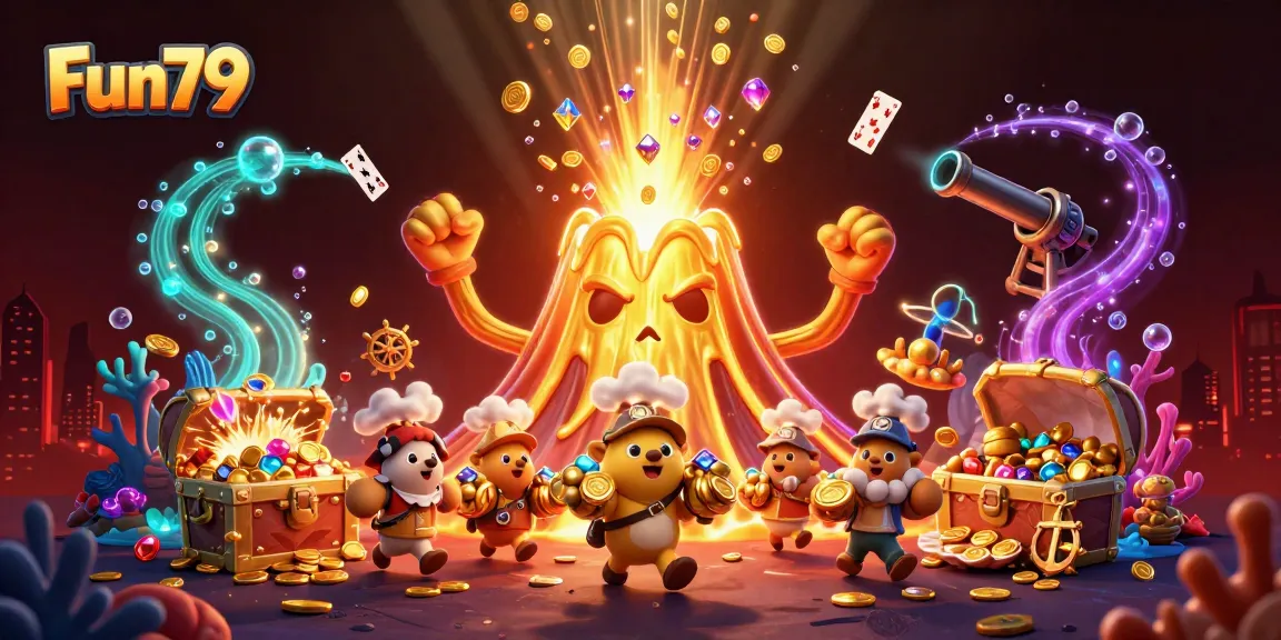 Play thrilling Fun79 slots as treasure erupts from a golden volcano in this exciting casino scene!