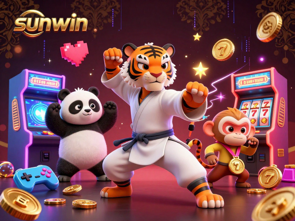 Engage with sunwin as a kung fu tiger and friends celebrate wins amid a vibrant casino backdrop.