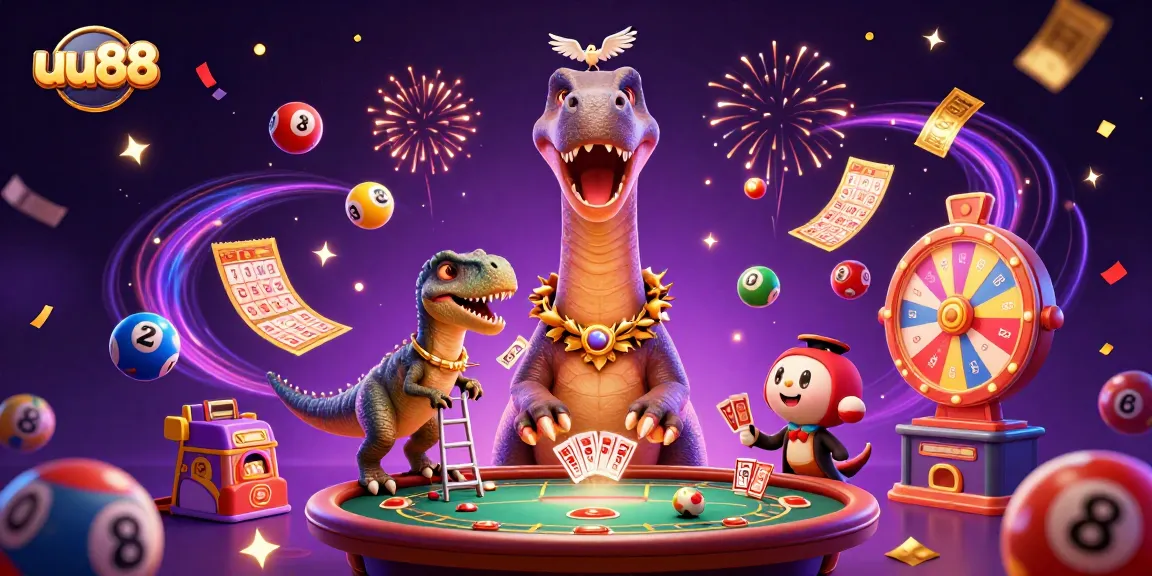 Experience thrilling gaming at uu88 with a 3D cartoon scene featuring a brontosaurus and raptor in a casino.