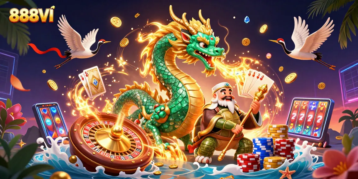 Join the excitement at 888VI with a powerful dragon, lucky cranes, and vibrant casino elements!