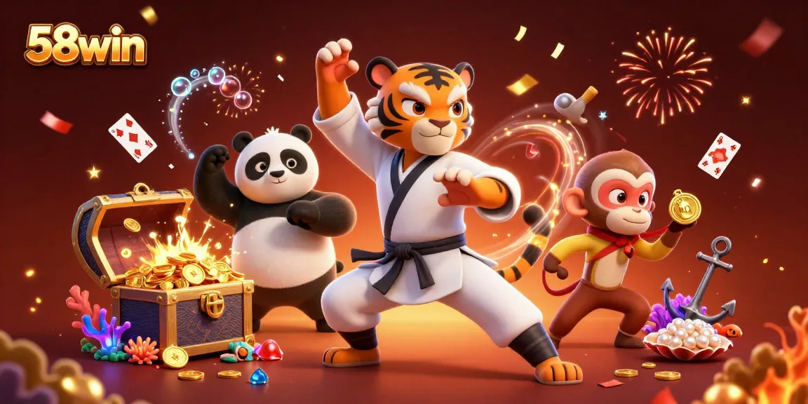 Experience thrilling action at 58win with cartoon characters amid vibrant casino elements.