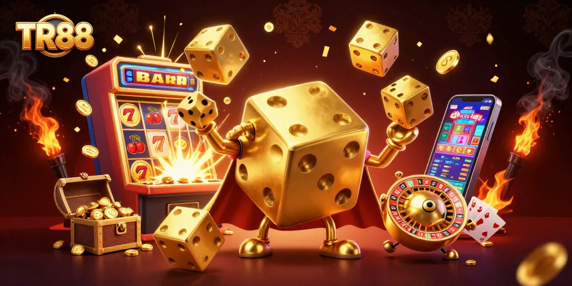 Experience the thrilling world of TR88 with golden dice and jackpot excitement in vibrant 3D illustration.