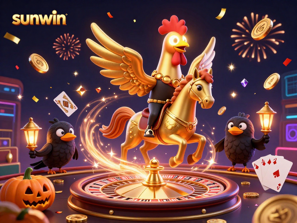 Experience the thrill at sunwin with a lively scene of a golden rooster and its spooky companions celebrating casino wins.