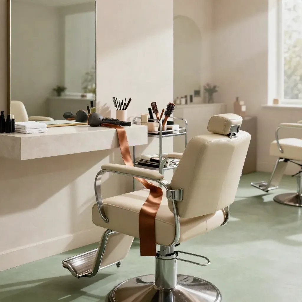 Prázdný salon Speedy Look s křeslem, zrcadlem, vozíkem a ranním světlem.