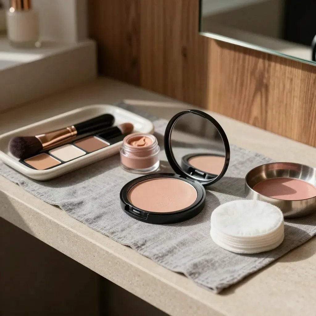Make-up stanice s pudrem, krémovou tvářenkou a vatovými tampony v salonu.