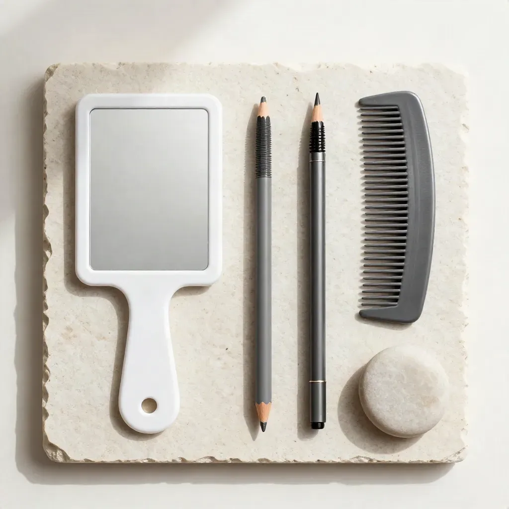 Horní flatlay zrcátka, hřebenu, tužky na obočí, sponky a kamenů na kameni.