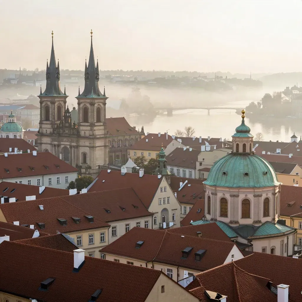 Pražské střechy a kostelní věže nad ranní mlhou nad řekou.