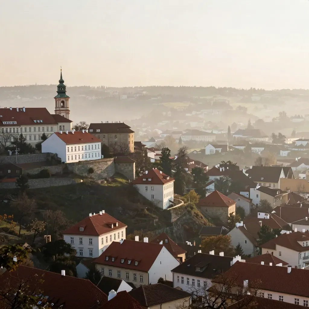 Pohled na pražské západní svahy s bílými fasádami, červenými střechami a kostelní věží v oparu.