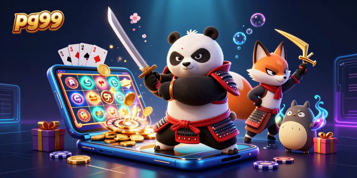 Spin slots at pg99 with a dynamic scene featuring samurai panda, ninja fox, and spirit tanuki.