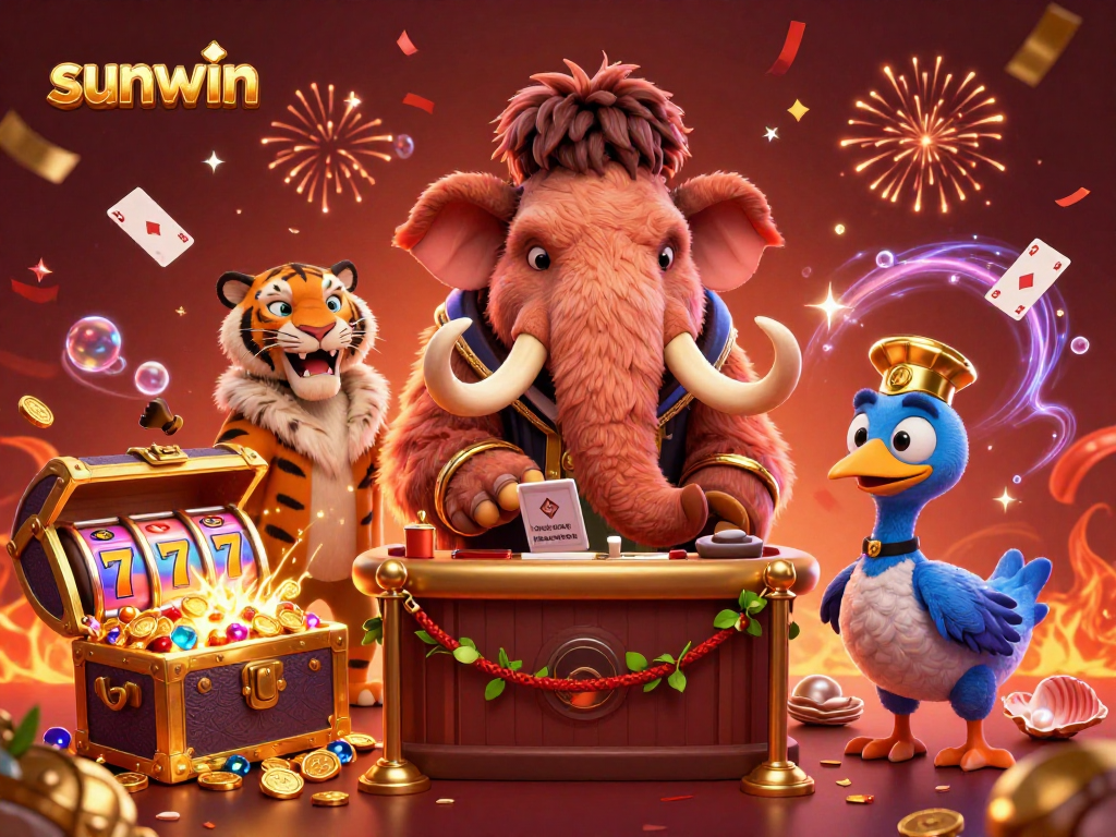 Experience the sunwin excitement with a vibrant 3D illustration of cartoon casino characters checking IDs amidst festive gold coins.