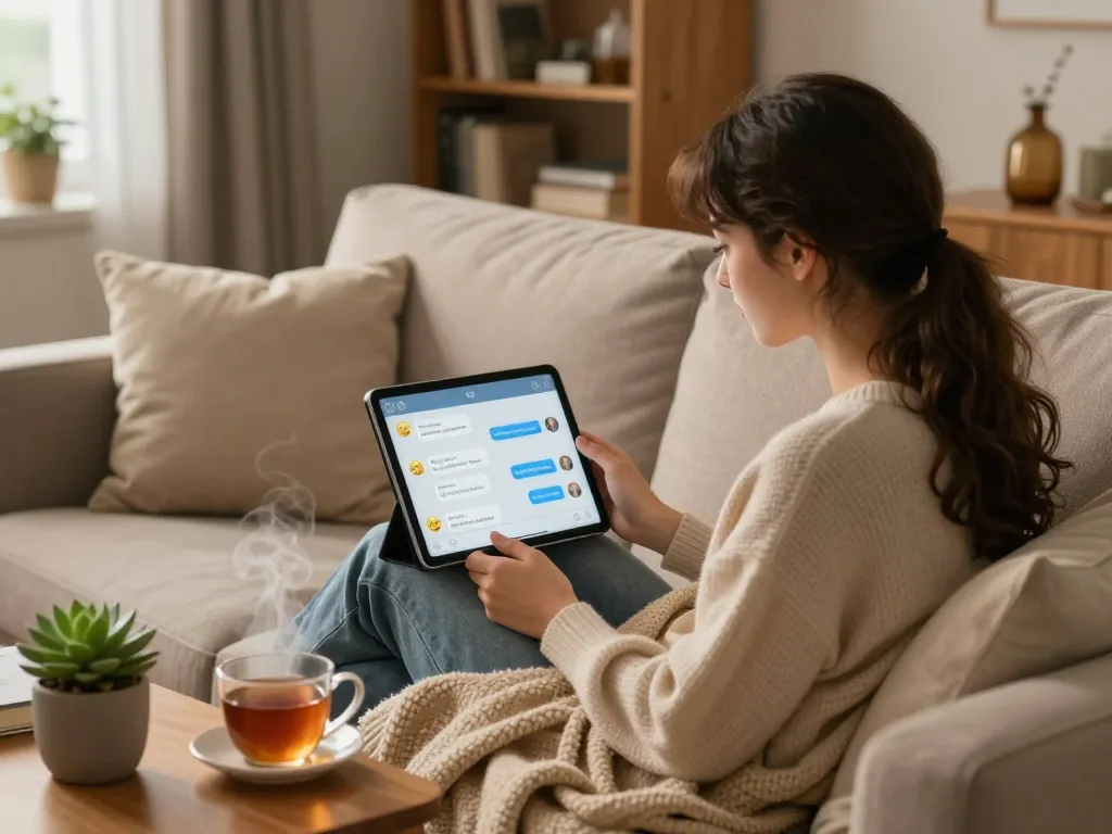 Cozy scene of a woman interacting with her girlfriend AI on a tablet, showcasing emotional connection and intimacy.