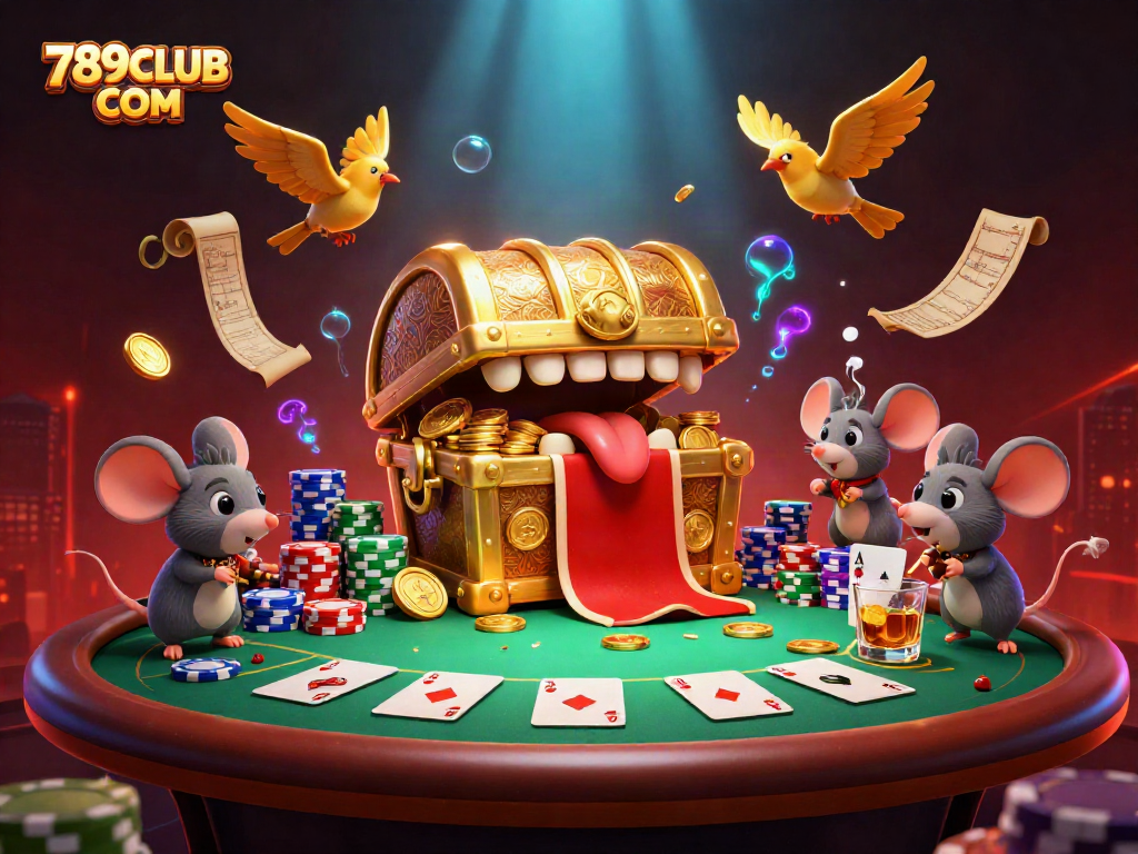 Engage with the vibrant action of 789CLUB COM, featuring an enticing treasure chest and poker scene.