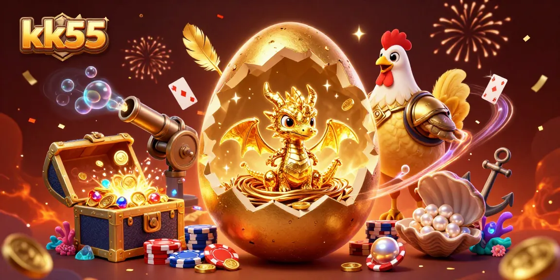Engage with the thrilling world of kk55, showcasing a vibrant 3D illustration of a baby dragon and poker chips.