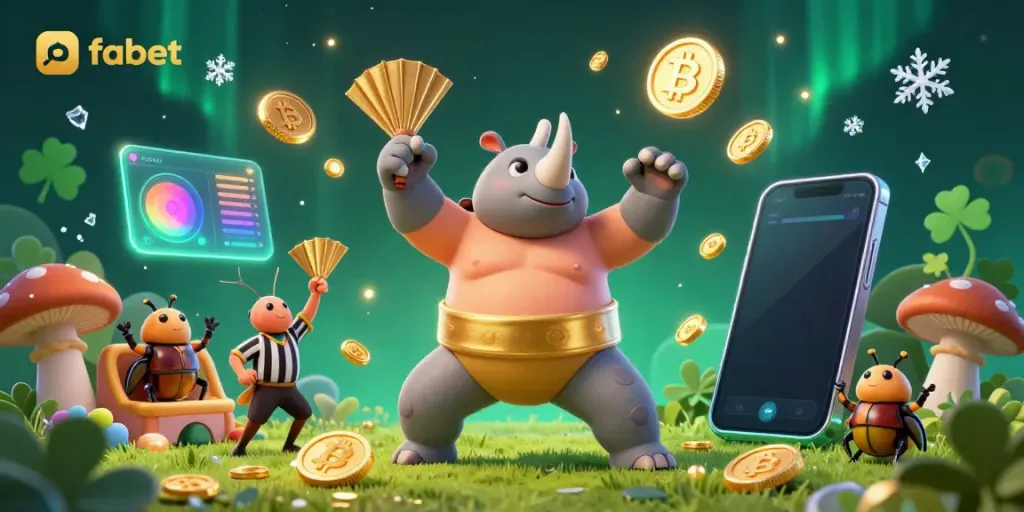 Experience thrilling moments at fabet with the cartoon beetle champion surrounded by flying gold coins.