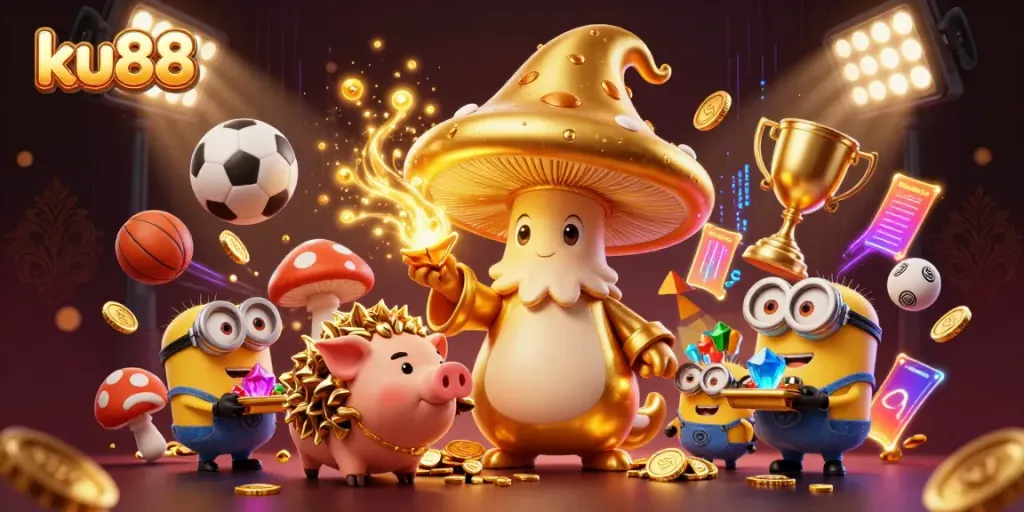 ku88 features cartoon wizard turning items to gold amidst dynamic gambling elements.