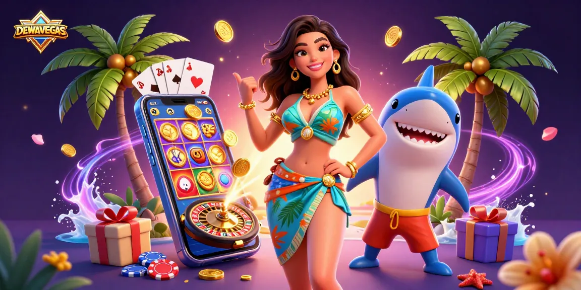 Experience DEWAVEGAS excitement with vibrant casino elements including slots and poker.